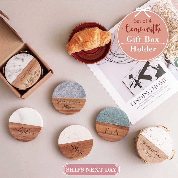 Set di sottobicchieri personalizzati, regalo di nozze personalizzato, sottobicchieri in marmo e legno, regali per fidanzamento e inaugurazione della casa.