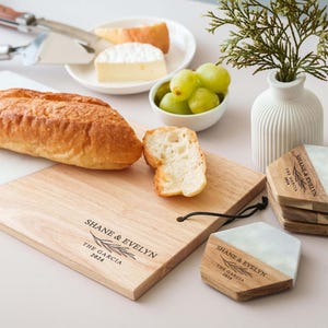 Custom Serving Tray, Wood Cutting Board, Marble Coaster Set: Wedding, Housewarming, Christmas image 10