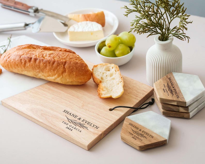 Custom Serving Tray, Wood Cutting Board, Marble Coaster Set: Wedding, Housewarming, Christmas image 10