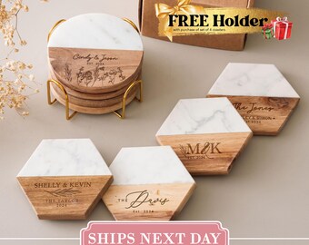 Custom Coasters Set of 4, Personalized Gifts for Her, Wedding Gift, Personalized Coaster Marble Wood, Engagement Gift, Housewarming Gifts