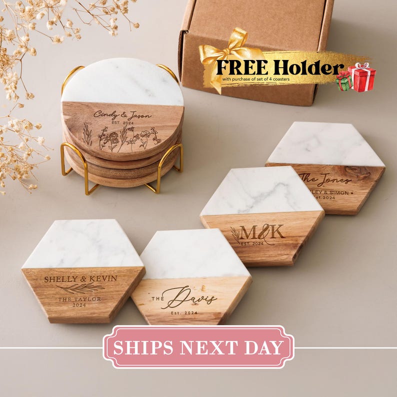 Custom Coasters Set of 4, Personalized Gifts for Her, Wedding Gift, Coaster Marble Wood, Engagement, Mother's Day Gifts, Housewarming Gift