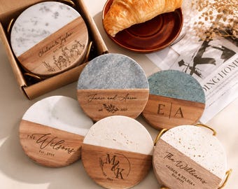 Regalo para despedida de soltera, posavasos personalizados, regalos para inauguración de casa, juego de posavasos personalizados, mármol y madera.