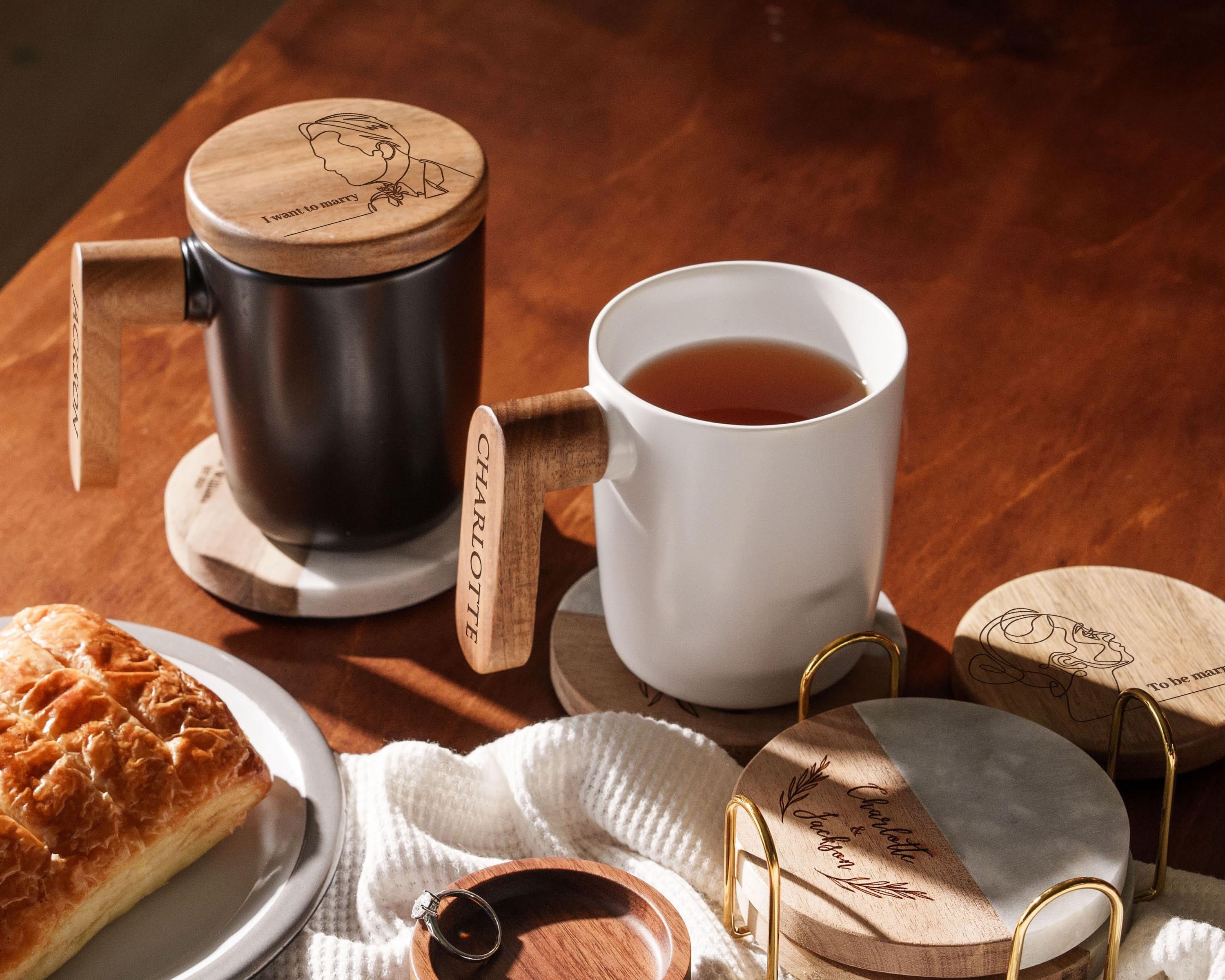 Personalized Couple Mug with lid, Newlywed Gift, Ceramic Cup with Wood Handle, Bridal Shower Anniversary Gifts SPA Gift Box Stuffer [D]