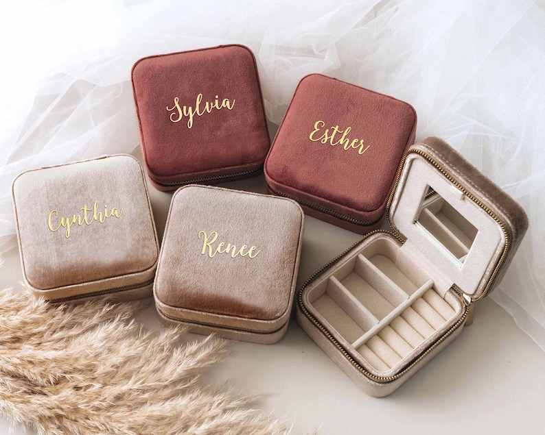 Custom Velvet Travel Jewelry Case Bridesmaid Gifts Proposal Valentines Day Gift Personalized Italian Velvet Jewelry Box Bridal Party image 6