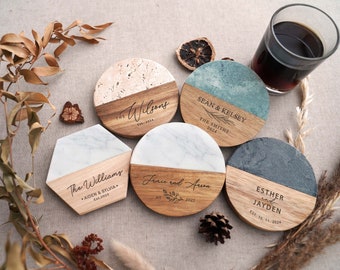 Personalized Marble Wood Coasters | Custom Engraved Coaster Set | Engagement Gift | Bridal Shower Gifts | Wedding Gifts | Couple Gifts