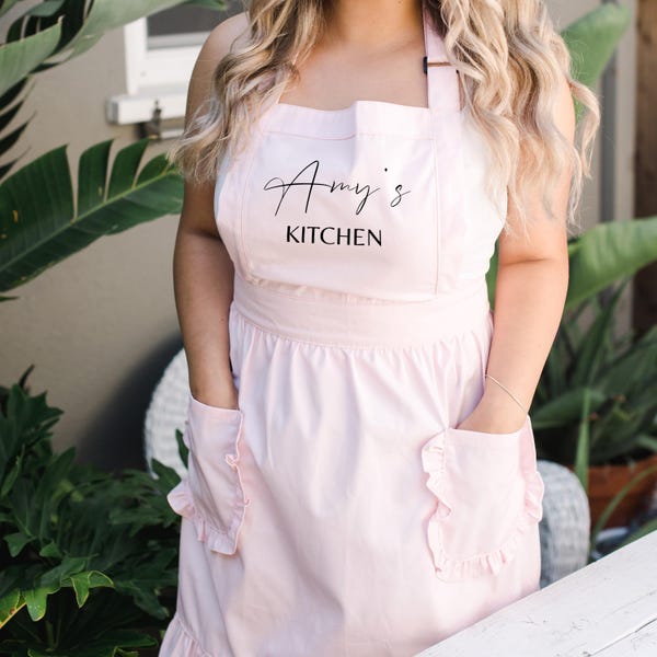 Custom Apron for Women with Ruffle Pocket, Housewarming Gifts, Personalized Cooking Gifts Kitchen Apron Pink, Baking Christmas Gift for Mom