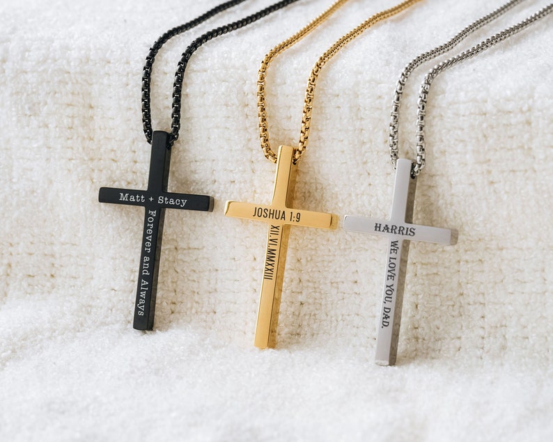 Personalized Cross Necklace Black Silver Gold Cross Pendant Necklace Vaelentines Day Gifts for Him Anniversary Gift Baptism Gifts image 6