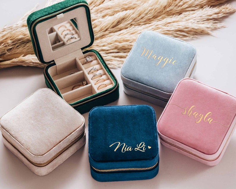 Custom Velvet Travel Jewelry Case Bridesmaid Gifts Proposal Valentines Day Gift Personalized Italian Velvet Jewelry Box Bridal Party image 1