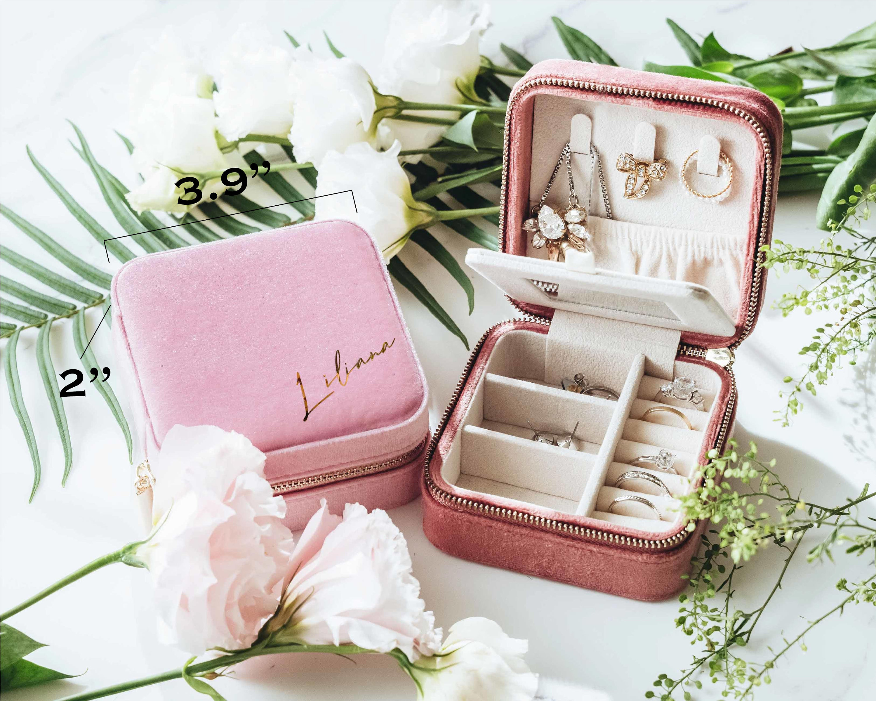 Discover Custom Velvet Jewelry Box, Gift for Her: Bridesmaid Proposal, Bridal Shower; Square, Travel Organizer