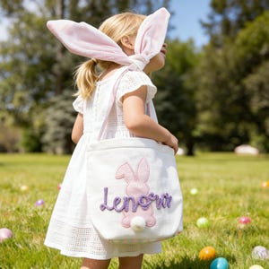 Custom Flower Girl Gift Basket, Embroidered Name Tote Bag, Bunny Ear Bucket