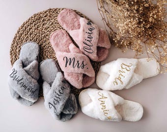 Bridesmaid Gits, Custom Fluffy Slippers, Bachelorette Party Favors, Bridal Shower, Wedding Gift for Her