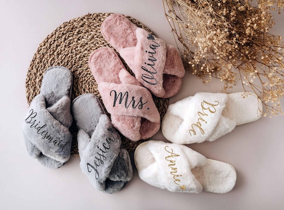 Bridesmaid Gits, Custom Fluffy Slippers, Bachelorette Party Favors, Bridal Shower, Wedding Gift for Her