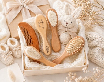 Personalized Baby Hair Brush Set, Newborn Baby Shower Gift, Unisex Wooden Hair Brush and Comb Set