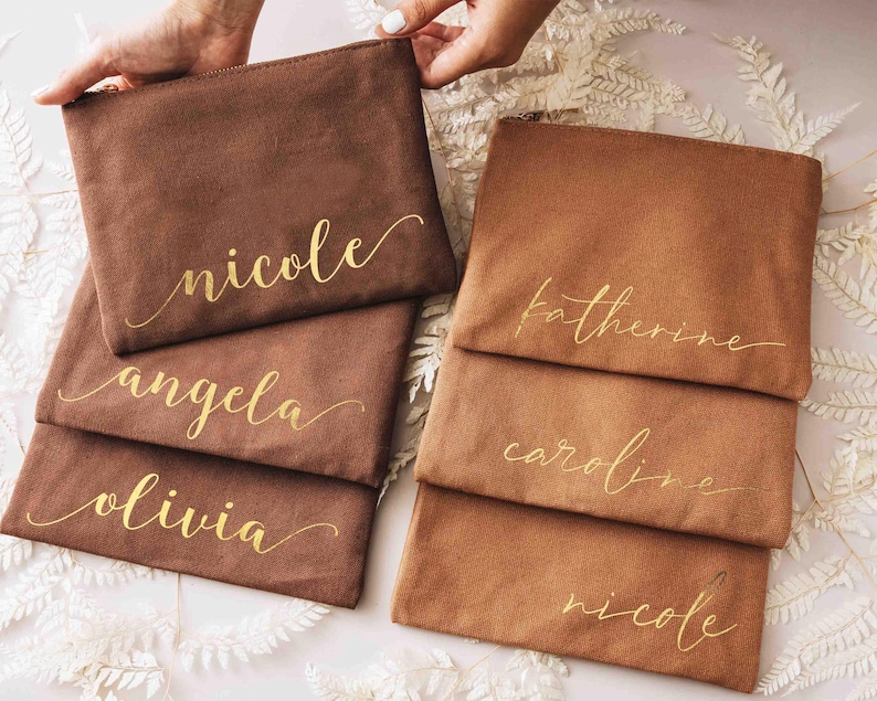 Personalized Makeup Bag with Gold Name, Bridesmaid Proposal Gift, Custom Canvas Cosmetic Pouch, Bachelorette Party Favors [MUB-0105] image 7