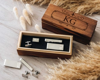 Best Man Gifts | Personalized Cuff Links Tie Clip with Wooden Box | Groomsmen Gifts Set | Custom Money Clip | Christmas Gift for Dad