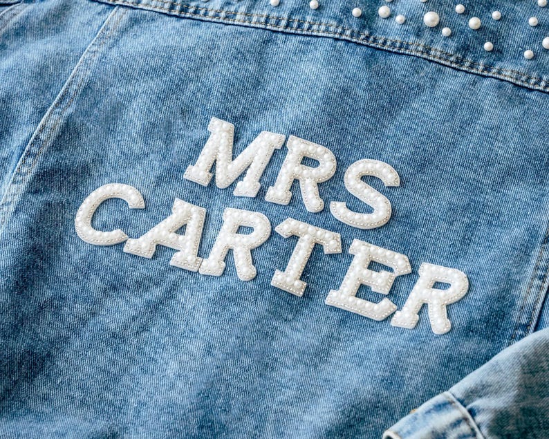 Pearl Jean Jacket with Personalized Letters: Mrs Denim Jacket for Bride, Wedding Photo, Bridal Party, Honeymoon Couple Outfit image 6