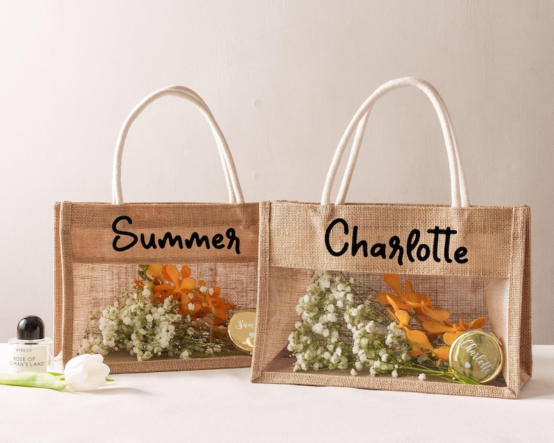 Sac en toile de jute personnalisé, sac pour demoiselles d'honneur, sac de plage, cabas, sac en paille, demande en mariage, cadeau de mariage, sac en jute, cadeau pour elle image 10