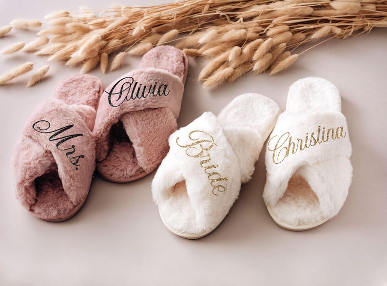 Bridesmaid Gits, Custom Fluffy Slippers, Bachelorette Party Favors, Bridal Shower, Wedding Gift for Her image 5