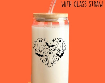Ghost Halloween Glass Cup, Spooky Bat Design, Bamboo Lid & Straw
