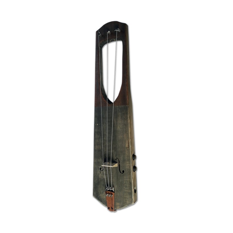 May include: A wooden lyre with three strings, a brown wooden soundboard, and a black wooden body.