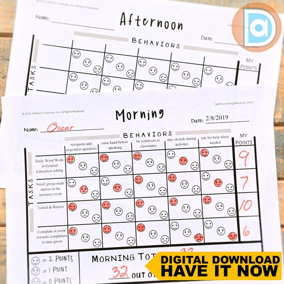 Self Monitoring Behavior Charts For Students