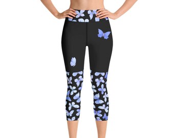 Butterfly Print Capri Yoga Leggings, High Waisted Athletic Wear