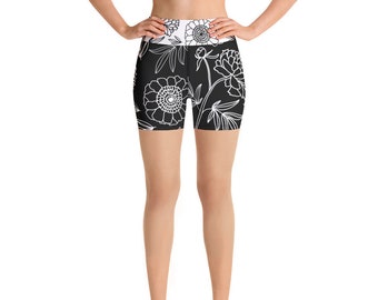 All-over Print Yoga Shorts, Peony Floral Black and White Shorts, Yoga wear, High Waist Shorts, Gift for Her, Birthday Gift, Exercise Wear