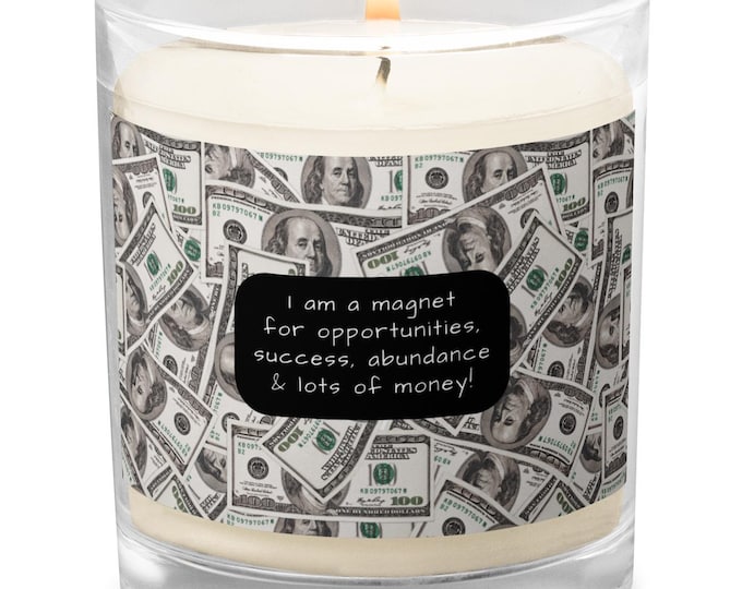 Featured listing image: Prosperity Affirmation Glass Jar Candle, Soy Wax Candle with Hundred Dollar Bills, Unscented, Gift for Him, Gift for Her, Birthday Gift,