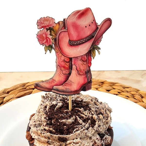 Pink Western Cupcake Toppers with Floral Cowboy Boots and Hats, Party Decor, Gift Wrapping, Food Garnish, Cocktail Garnish, Bridal Shower