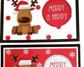Downloadable Digital Christmas Greeting Cards or Postcards with Reindeer in Santa Hat, Two Versions, DIY,  Printable Holiday Cards