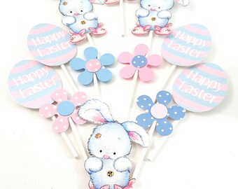 Easter Cupcake Toppers with Pastel Bunny, Eggs, & Spring Flowers, Easter Decoration, Easter Party Decor and Supplies