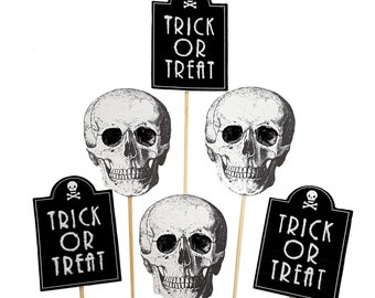 Halloween Cupcake Toppers with Skull and Black Trick or Treat Sign, Halloween Party Decorations, Baking Supplies, Halloween Cupcake Picks