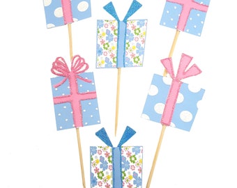 Cupcake Toppers, Wrapped Gifts in Blue and Pink, Bakery supplies, Party Decor, Birthday Party Decorations, Cupcake Picks, Party Supplies