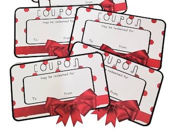 Coupon, Red Polka Dots with Red Bow, Package of 6  Coupons for Valentine's Day, Christmas, Business Coupon, Birthday Coupon