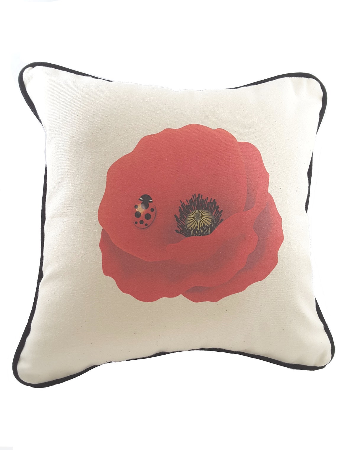 Red Poppy Pillow Cover White or Natural Denim Pillow Cover Etsy