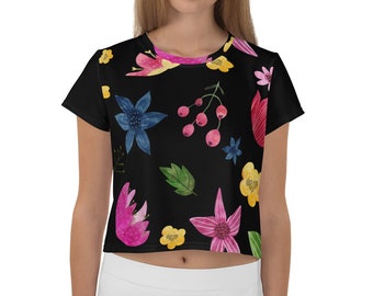 Floral Women's Crop Top, Colorful Floral on Black Crop T Shirt, Belly Shirt, Women's T-shirt, Yoga Crop Top, Birthday Gift, Gift for Her