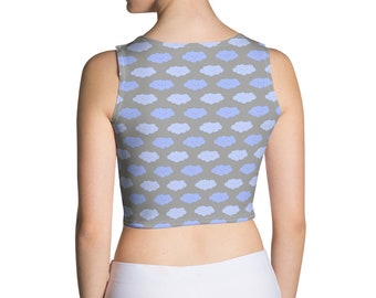 AOP Gray Crop Top with Blue Smiling Clouds, All-Over Print Athletic Wear, Women's Yoga Clothing, Women's Workout Clothes, Casual Wear