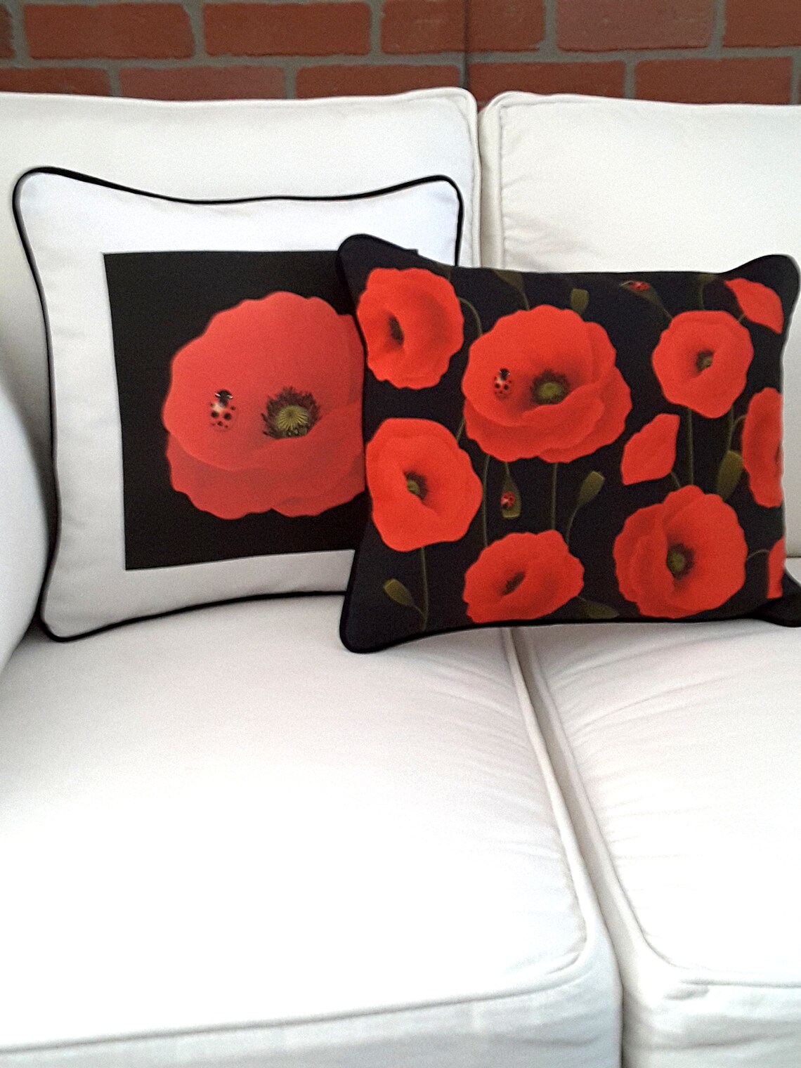 Red Poppy Pillow Cover White or Natural Denim Pillow Cover Etsy