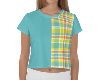 Women's Plaid Crop Top, Aqua, White & Yellow Crop Tee, Exercise Crop T Shirt, Belly Shirt, Gift for Her, Birthday Gift, Yoga T Shirt