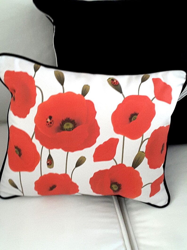 Red Poppy Pillow Cover on White Denim With Black Trim Etsy