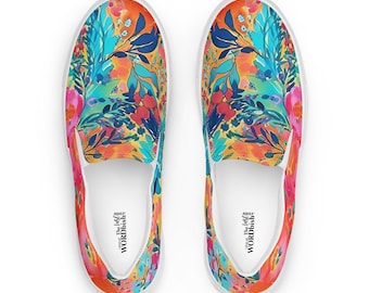 Men’s Slip-on Canvas Shoes with Watercolor Bright Colorful Floral Pattern, Gift for Him, Birthday Gift, Designer Shoes, Casual Shoes