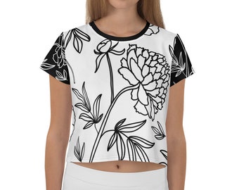 All-Over Print Crop Tee with Black and White Peony Floral Design, AOP Women's Crop T-Shirt, Gift for Her, Crop Top, Birthday Gift, Floral