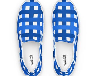 Blue & White Plaid Men’s Slip-on Canvas Shoes