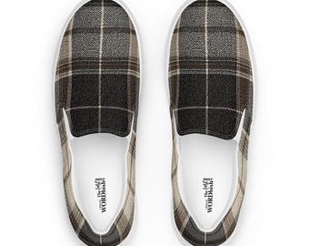 Tartan Plaid Men’s slip-on canvas shoes, Black, Brown, and Beige