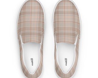 Beige Plaid Women’s Slip-on Canvas Shoes, Fashionable, Trendy, Custom Printed Boat Shoes, Comfortable Athletic Shoes, Birthday Gift