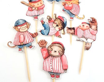 Watercolor Animal Baseball Team Cupcake Toppers, Party Decor, Party Supplies, Birthday Party, Baseball Theme Party Decor