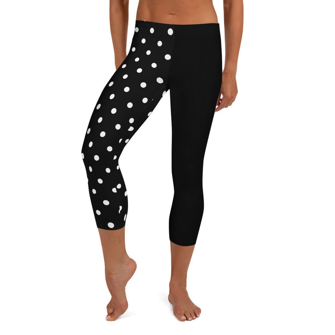 Polka Dot Capri Yoga Leggings, Black and White Print, Athletic