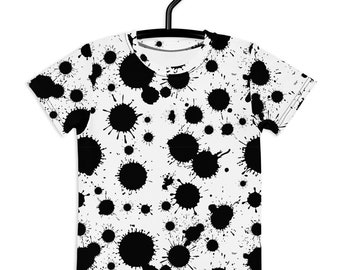 Kids Crew Neck T-Shirt with AOP of Black Ink Splatters on White Background, Unisex, Sizes 2T thru 7
