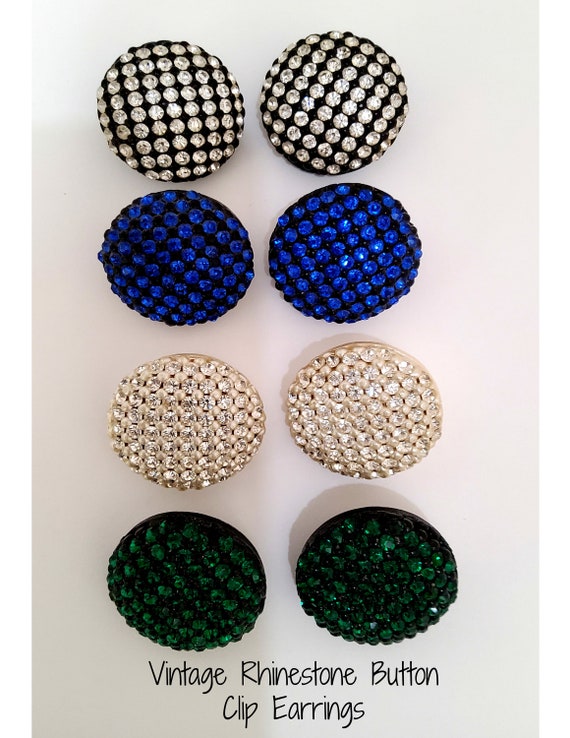 Vintage Rhinestone Button Earrings in Blue, Green… - image 1