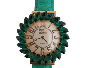 Vintage Erica Courtney Green Crystal Rhinestone Embellished Watch with Original Gold Stamped Velveteen Pouch